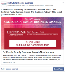 This Institute for Family Business Facebook post was engaging because it asks for people to nominate family businesses. Many people shared and liked the post and engaged with it. 