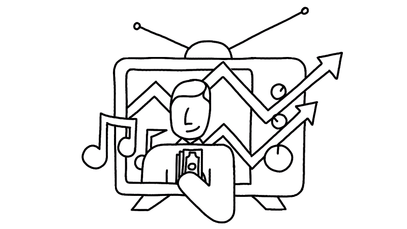Hand-drawn TV and person with cash in hand designed by JP Marketing