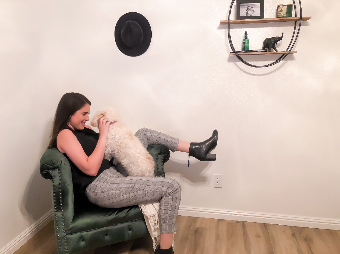 Shaeley and dog in home office