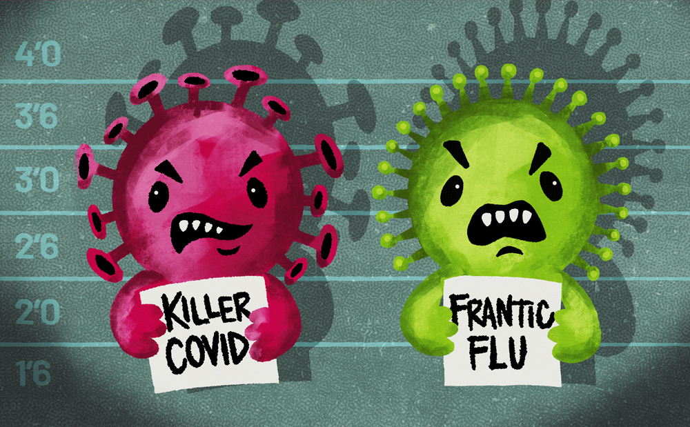 Initial artwork for Covid-19 campaign with Killer Covid and Frantic Flu animated characters